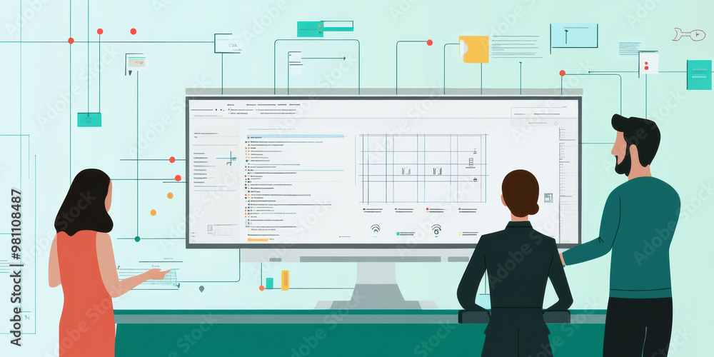 Poster in modern office setting, three individuals collaborate around large computer screen displaying proj