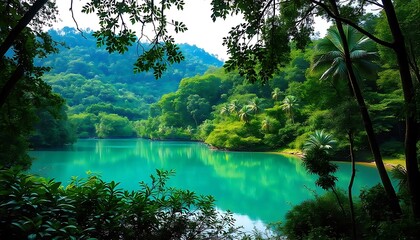 Tranquil views of tropical forests surrounding a tranquil lagoon. With the lush greenery reflected in the clear blue waters. It creates a beautiful and peaceful atmosphere.
