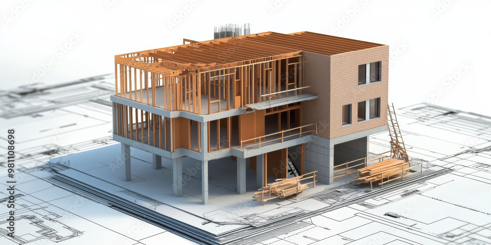 Poster a detailed architectural model of construction project showcases efficiency of construction methods.