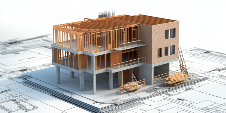 A detailed architectural model of construction project showcases efficiency of construction methods. design features wooden frame and concrete base, emphasizing modern building techniques