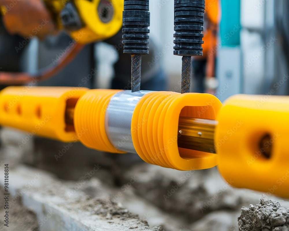 Poster close-up of a robotic arm assembling a yellow component with precision tools. the robotic arm is in 