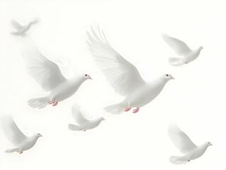 Obraz premium Symbolizing Freedom: Flat Blurred White Doves in Flight - A Serene Wide Shot Concept for Janeiro Branco Mental Health Awareness