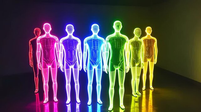 Seven neon-colored, human-shaped figures stand in a dark room, each one glowing in vivid hues, forming a vibrant rainbow spectrum. The room's darkness highlights the bright lights, creating a