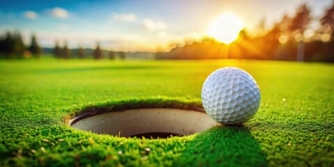 A close-up image of a golf ball dropping into the hole on a green field