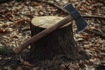 Axe resting on a tree stump in a forest