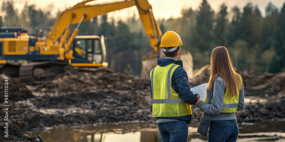 Poster engineers inspect hydroelectric site, discussing plans while observing machinery. their focus and te