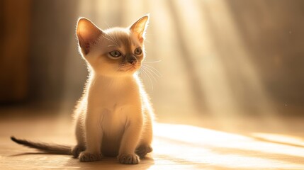 Burmese Kitten Basking in Sunbeam's Warm Glow with Natural Lighting
