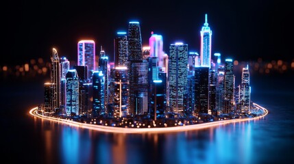 Futuristic Cityscape with Neon Lights at Night