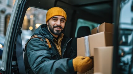 Smiling Delivery Person with Packages in Van