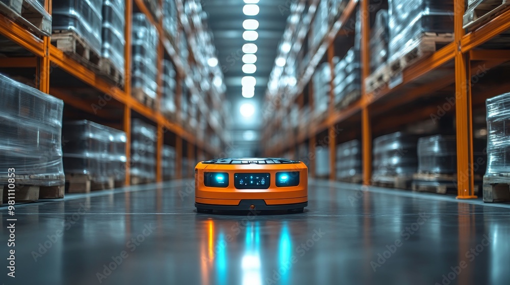 Poster automated robotic system navigating through a warehouse filled with pallets and boxes
