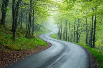 Obraz premium Winding Forest Road in Spring with Green Trees and Misty Morning Light. AI generated illustration