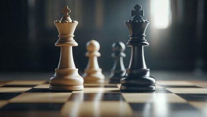 Wooden Chess Pieces with White King and Black Rook Facing Each Other. AI generated illustration