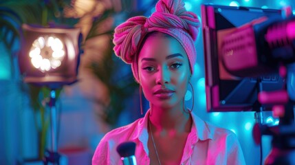 Obraz premium An enthusiastic person gives an online contouring tutorial, holding up products and applying makeup while engaging with viewers