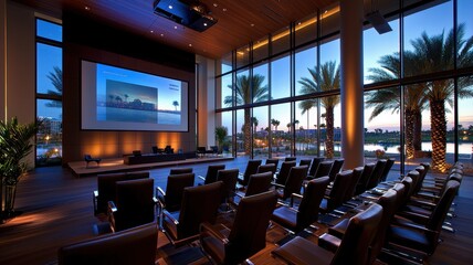 Modern conference room with elegant seating and scenic views, perfect for meetings and presentations. Ideal for corporate events.