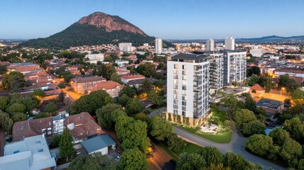 Obraz premium The night sky glistens with stars, casting light onto the city while distant mountains provide a stunning backdrop under the clear blue evening atmosphere