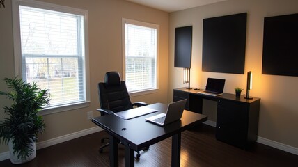 Modern home office interior featuring a sleek desk, ergonomic chair, and ample natural light for productivity.