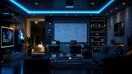 Modern home theater featuring blue LED lights, projector screen, and cozy seating, perfect for movie nights and entertainment.