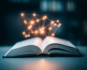 Open book with glowing network of interconnected dots, symbolizing knowledge and connections.