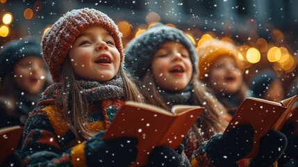 Group of children singing christmas carols in the snow
