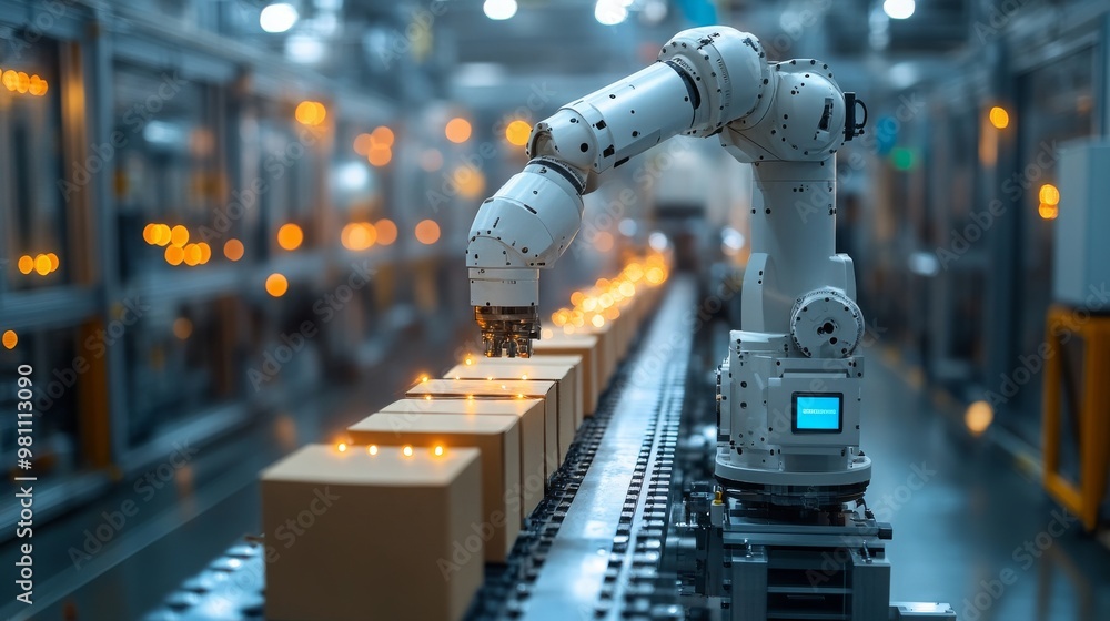 Poster robot arm with sensors assembling packages in a high-tech manufacturing facility