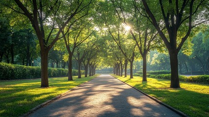 Sunlit Path Through a Lush Green Tree-Lined Avenue