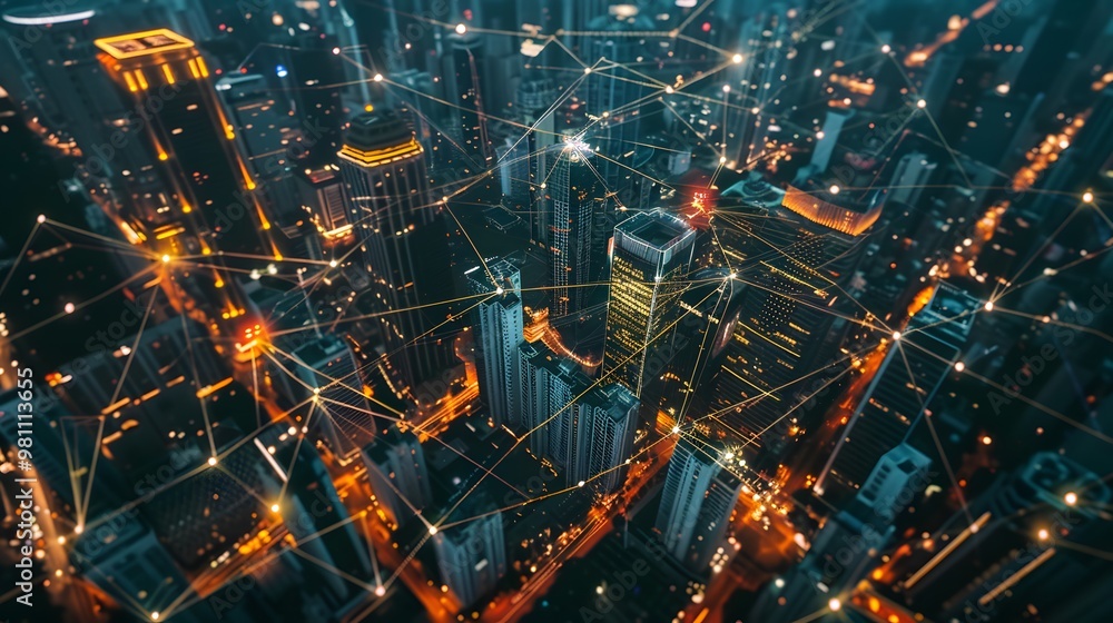 Poster a city skyline with a network of stars above it. the stars are connected to each other and to the ci