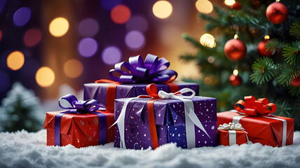 A purple gift wrapped in white snow with a red ribbon.