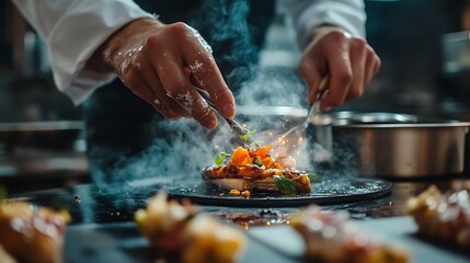 Fototapeta premium A chef garnishing a gourmet dish with smoke and vibrant ingredients in a professional kitchen setting.