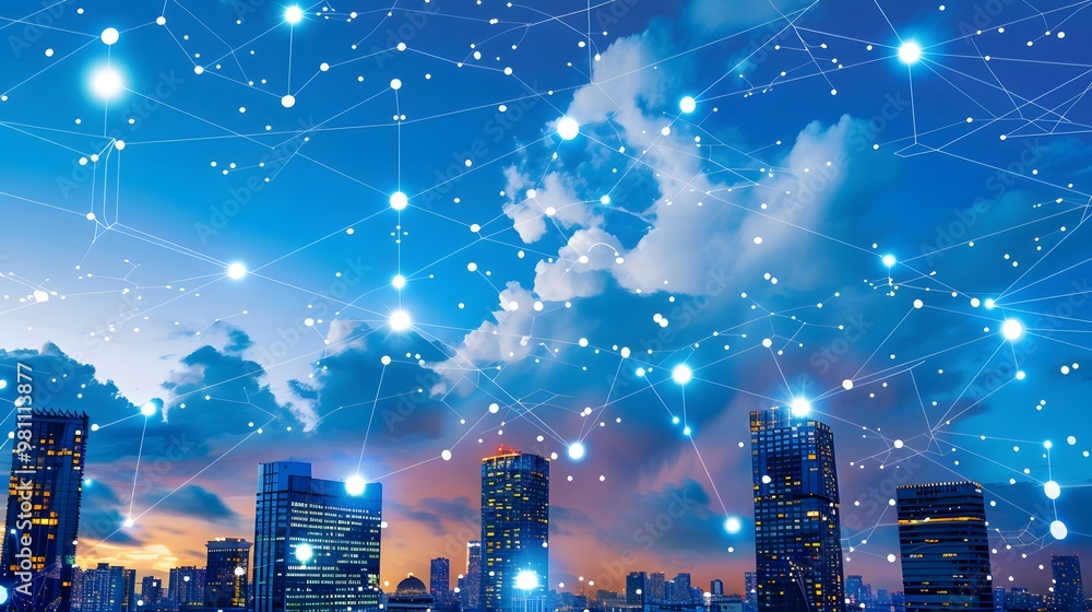 Poster a city skyline with a network of stars above it. the stars are connected to each other and to the ci