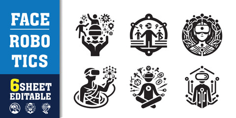 Face robotics Artificial intelligence icon collection. machine learning, data science, AI, virtual assistant, generative AI, technology. Line vector icons set.