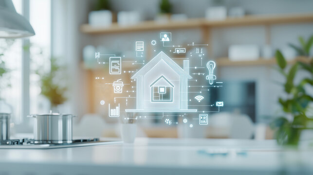A modern kitchen scene featuring a digital home blueprint overlay, symbolizing smart home technology and innovative design.
