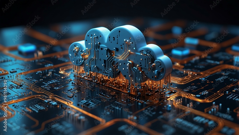 Poster 3d cloud graphic on a circuit board, representing data storage.