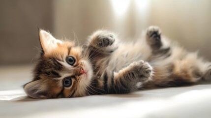 Obraz premium Playful Ragamuffin Kitten Enjoying Natural Sunlight, Rolling on Its Back in Adorable Display of Cuteness