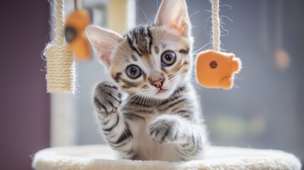 Playful Javanese Kitten Engaging with Hanging Toys in Natural Light - Interactive Feline Fun