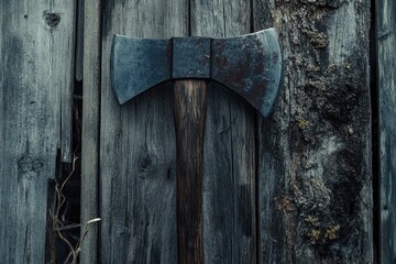 A Rusty Double-Bit Axe Leaning Against Weathered Wood