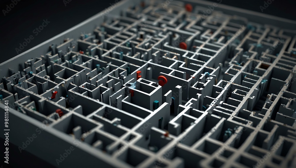 Poster 3d maze with a search bar guiding users through navigation.