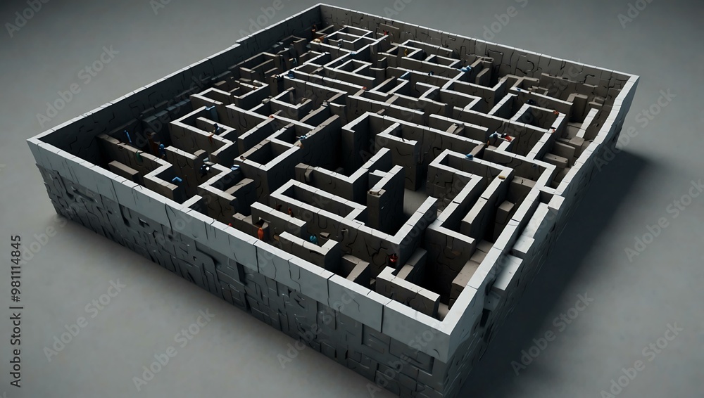 Poster 3d maze with a search bar guiding users through navigation.