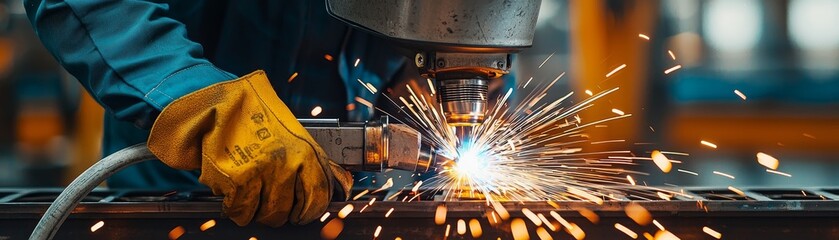 A welder working at night with sparks flying from a grinder