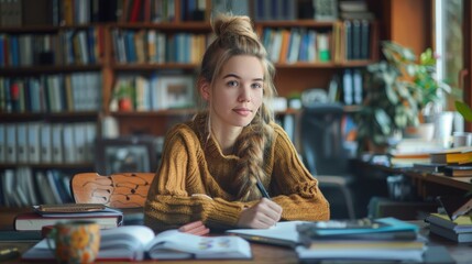 A focused tutor in a home office explains a concept to students via video call, with books and notes around