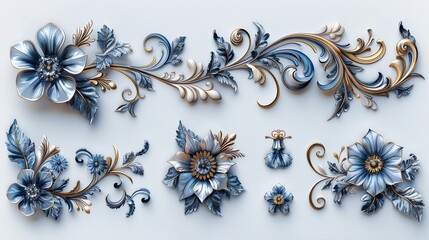 Stunning Retro Blue and Gold Gradient Decorative Elements: Elegant Swirls, Frames, and Borders for Distinctive Design