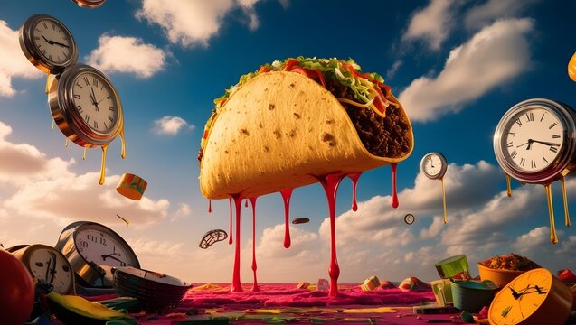 A dreamlike scene of a giant taco floating in the sky, with melting clocks and surreal objects scattered around