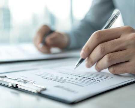 Close-up of a person's hand signing a document with a pen.  The image depicts business, contract, and agreement.