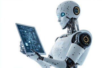 a futuristic illustration of a robot holding a tablet with a flowchart on the screen, symbolizing automation and process optimization