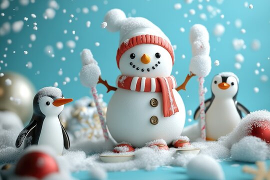 Cute 3D clay snowman, skis, and penguin icons on a cool blue background with a light snowstorm effect