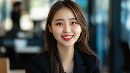 Beautiful successful young asian korean girl manager or CEO in the office smiling at camera