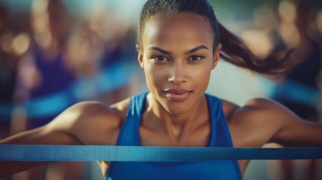 A close-up of a determined African-American female sprinter crossing the finish line, her chest breaking the tape with cheering spectators blurred in the background - Powered by Adobe