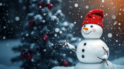Fototapeta premium Festive Snowman with Red Hat in Winter Snowfall