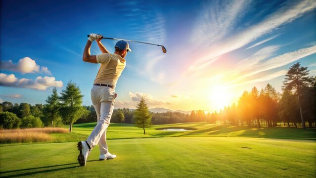 Golfer swinging a golf club and hitting the ball on a sunny day