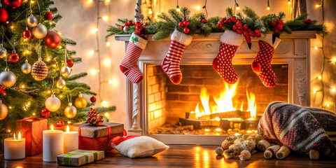 Obraz premium Soft Focus Christmas Scene with Cozy Fireplace, Stockings, and Holiday Decorations � Warm Atmosphere Perfect for Stock Photography and Festive Messaging