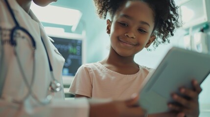 Happy child engaged with doctor using a tablet, showcasing modern healthcare. Smiles and technology in a pediatric setting.